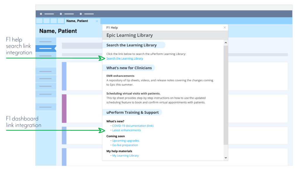 Epic screen mock-up showing the ways in which uPErform can integrate with Epic F1 help to provide Epic in-app training opportunities