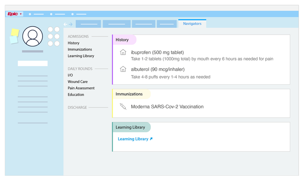 Mock-up demonstrating uPerform's ability to integrate with Epic by placing links to the Learning Library in Epic navigators