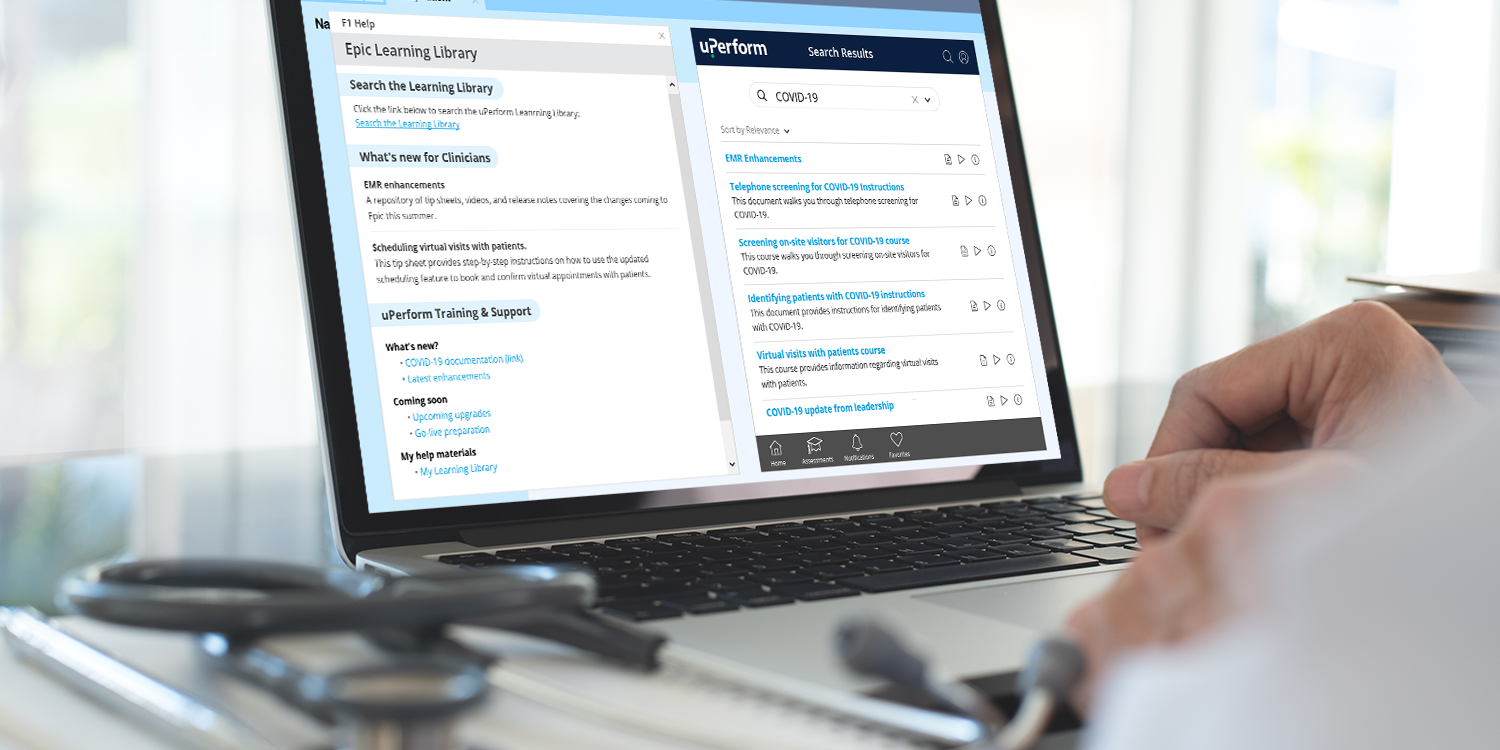 Physician working on laptop with uPerform's Epic in-app training content accessible via F1 Help on screen