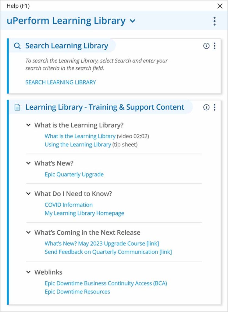 Mock-up showing uPerform F1 Dashboard integration and functionality. Top section displays 'Search Learning Library' feature and lower section features 'Learning Library - Training & Support Content' with various help content categories and resources (ex. "What is the Learning Library" category features "What is the Learning Library (video 02:02)" and "Using the Learning Library (tip sheet)" as resources.