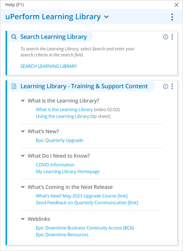 Mock-up showing uPerform F1 Dashboard integration and functionality. Top section displays 'Search Learning Library' feature and lower section features 'Learning Library - Training & Support Content' with various help content categories and resources (ex. "What is the Learning Library" category features "What is the Learning Library (video 02:02)" and "Using the Learning Library (tip sheet)" as resources.