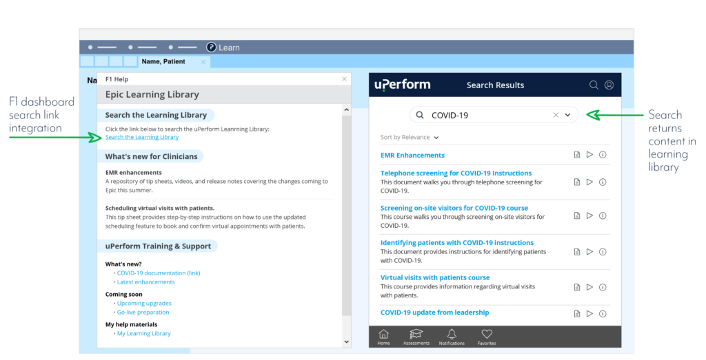 Screenshot showing Epic F1 Help dashboard with link to uPerform's Learning Library. Learning Library shown on right side of screen with "COVID-19" search term and list of training content results