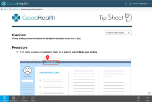 Sample tip sheet displaying GoodHealth logo, a brief overview, and one procedural step that includes a screenshot of an EHR mock-up