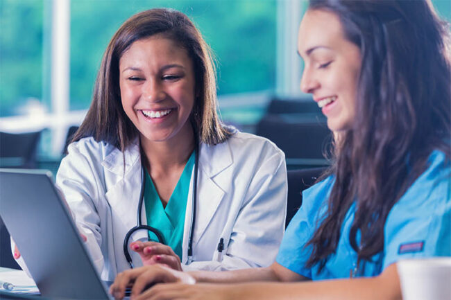 Doctor onboarding nurse with digital online class