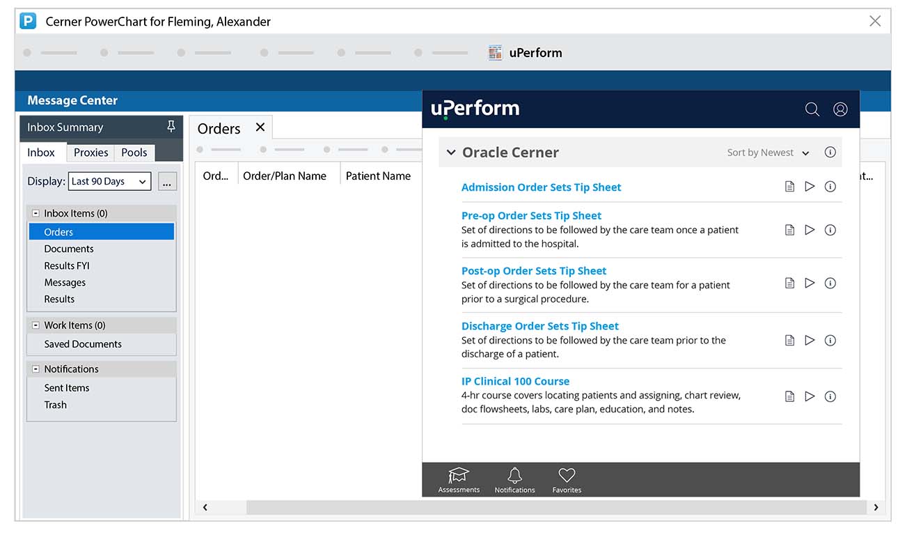 A software mock-up displaying uPerform's integration with Cerner EHR. The uPerform Learning Library can be accessed via the Cerner Powerchart Organizer Menu