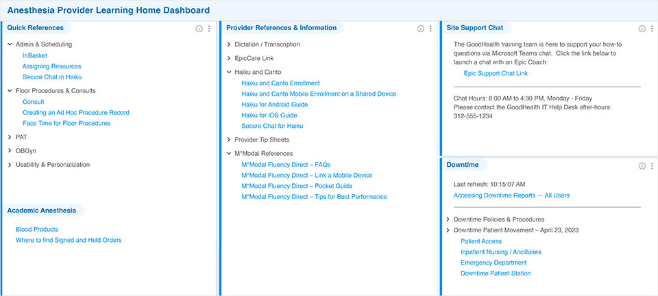 Screen shot of a crowded Anesthesia Provider Learning Home Dashboard, featuring a Quick References, Academic Anesthesia, Provider References & Information, Site Support Chat, and Downtime sections.
