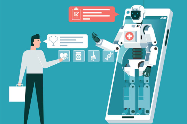 Illustration of man interacting with lifesize AI bot in a cellphone. The AI bot has a healthcare cross on its chest and other healthcare-related icons are in between the man and the AI bot.