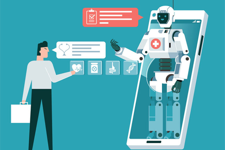 Illustration of man interacting with lifesize AI bot in a cellphone
