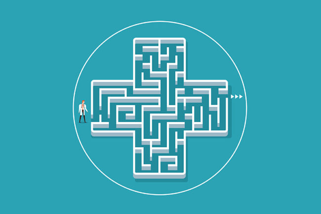 Illustration of physician entering a maze shaped like a medical cross