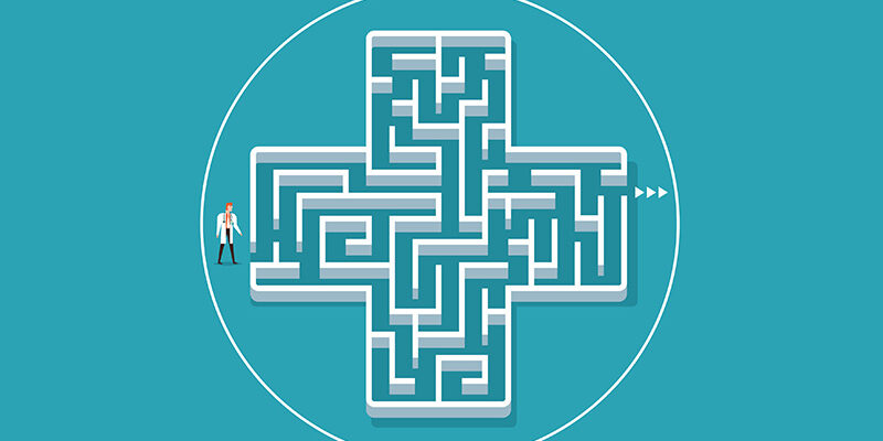 Illustration of physician entering a maze shaped like a medical cross