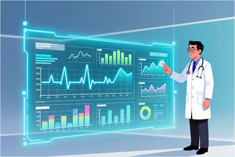 ROI of smart training Illustration of doctor in lab coat pointing to charts graphs, representing the ROI of smart healthcare training
