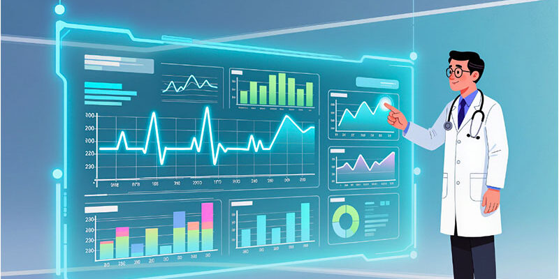 ROI of smart training Illustration of doctor in lab coat pointing to charts graphs, representing the ROI of smart healthcare training