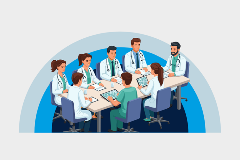 cmios-redefining-healthcare-education illustration of group of medical professionals around a conference table.