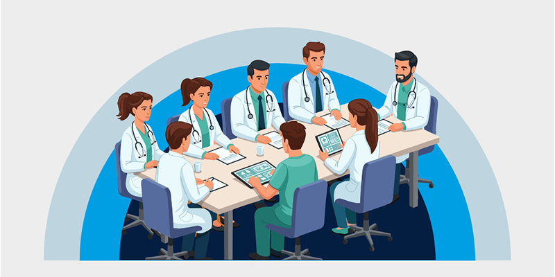 cmios-redefining-healthcare-education illustration of group of medical professionals around a conference table.