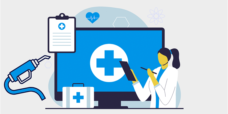 epic refuel Illustration of computer monitor and doctor with medical imagery and a gas pump, representing Epic Refuel.