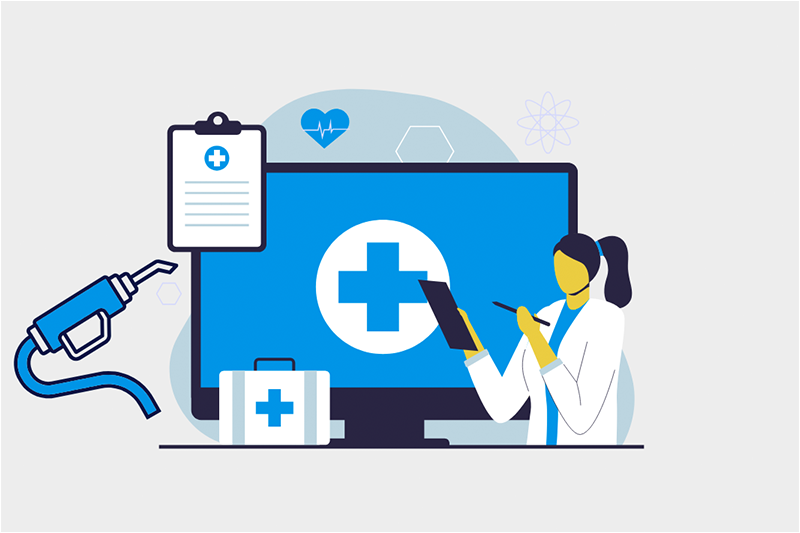 epic refuel Illustration of computer monitor and doctor with medical imagery and a gas pump, representing Epic Refuel.