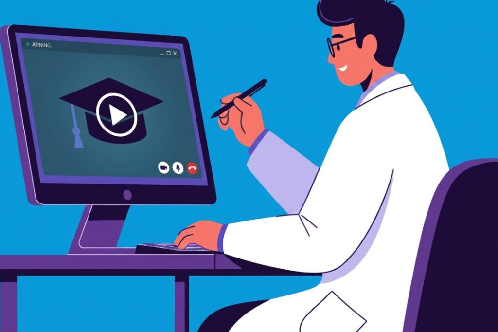 Doctor sitting at computer ready to begin training course