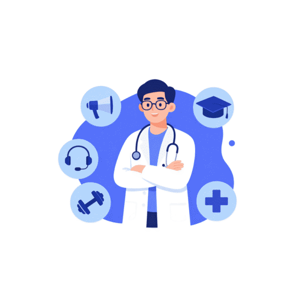 doctor surrounded by icons representing digital adoption and support tools