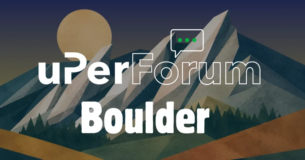 uPerForum Boulder logo over an illustrated sunset view of Boulder’s Flatirons mountains